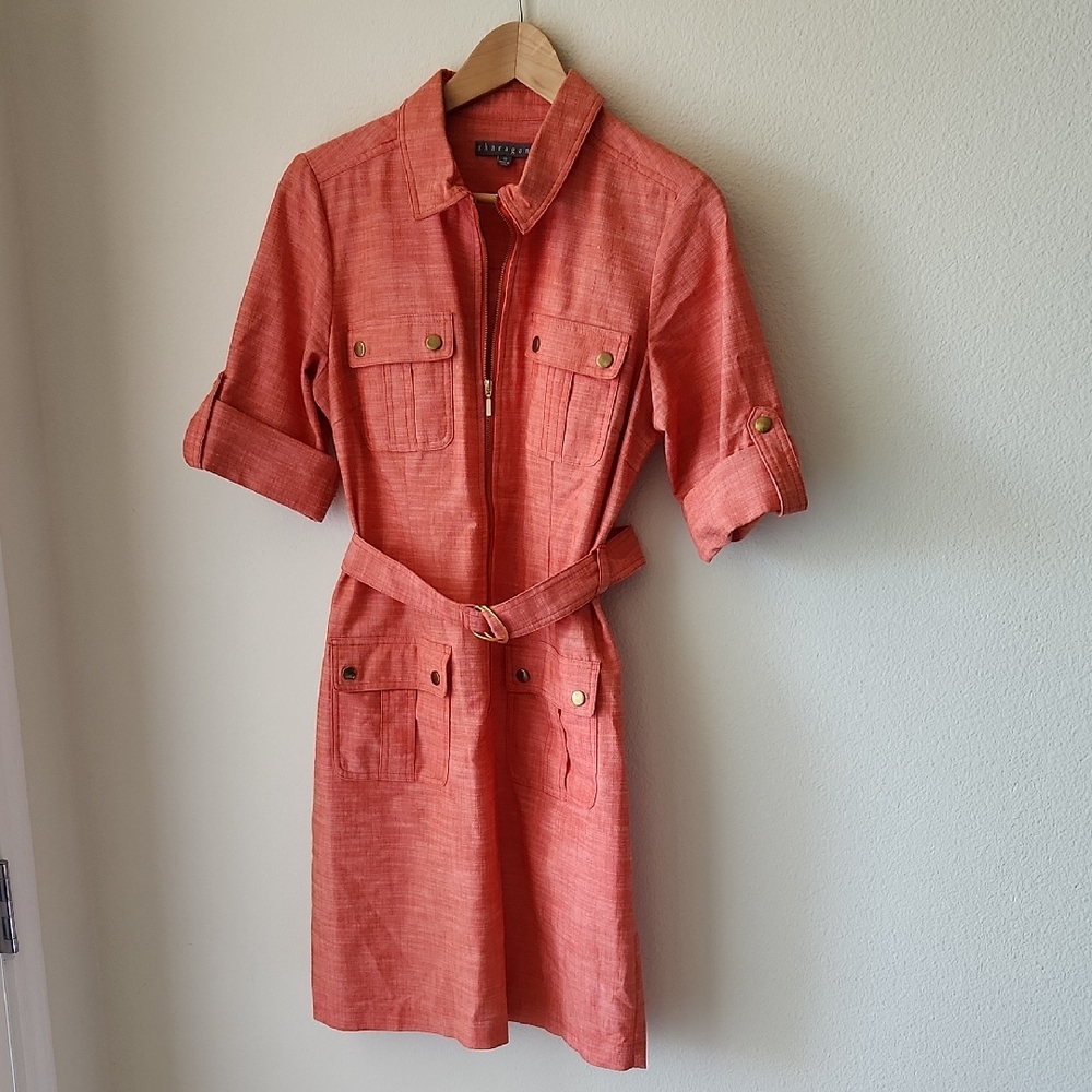 Sharagano Coral Mini Dress Sz M Belted Zip Front Rolled Sleeves Snap Pockets